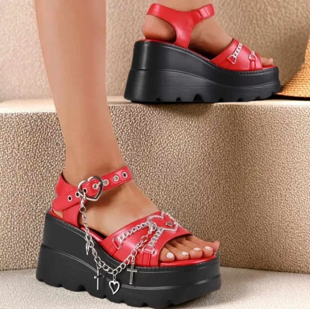 Red Platform Sandals with Heart Accents Sz 9